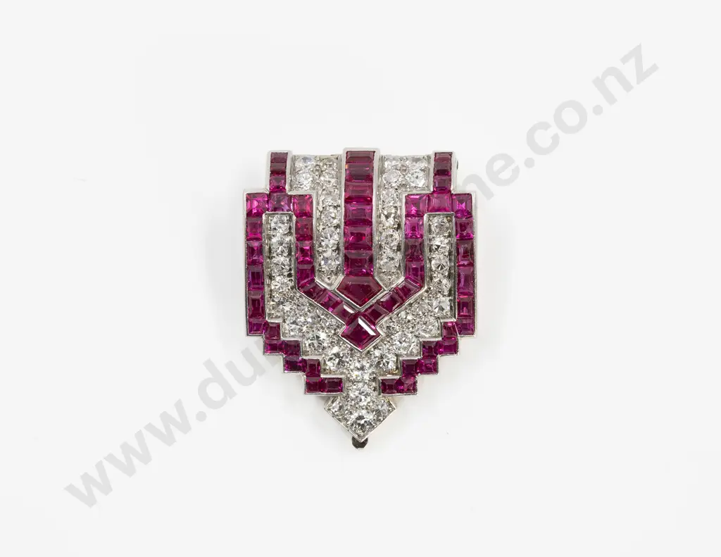 Art Deco Period 18ct White Gold 99stone Ruby and Diamond Dress Clip Brooch Image 1++