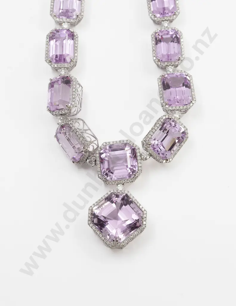 14ct White Gold 21stone Kunzite and Diamond Necklace Pendant Image 1++