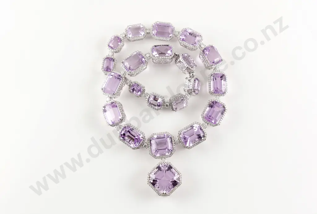 14ct White Gold 21stone Kunzite and Diamond Necklace Pendant Image 1++