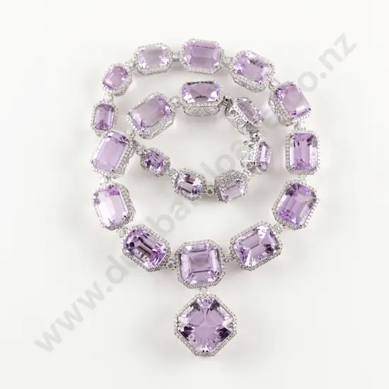 14ct White Gold 21stone Kunzite and Diamond Necklace Pendant