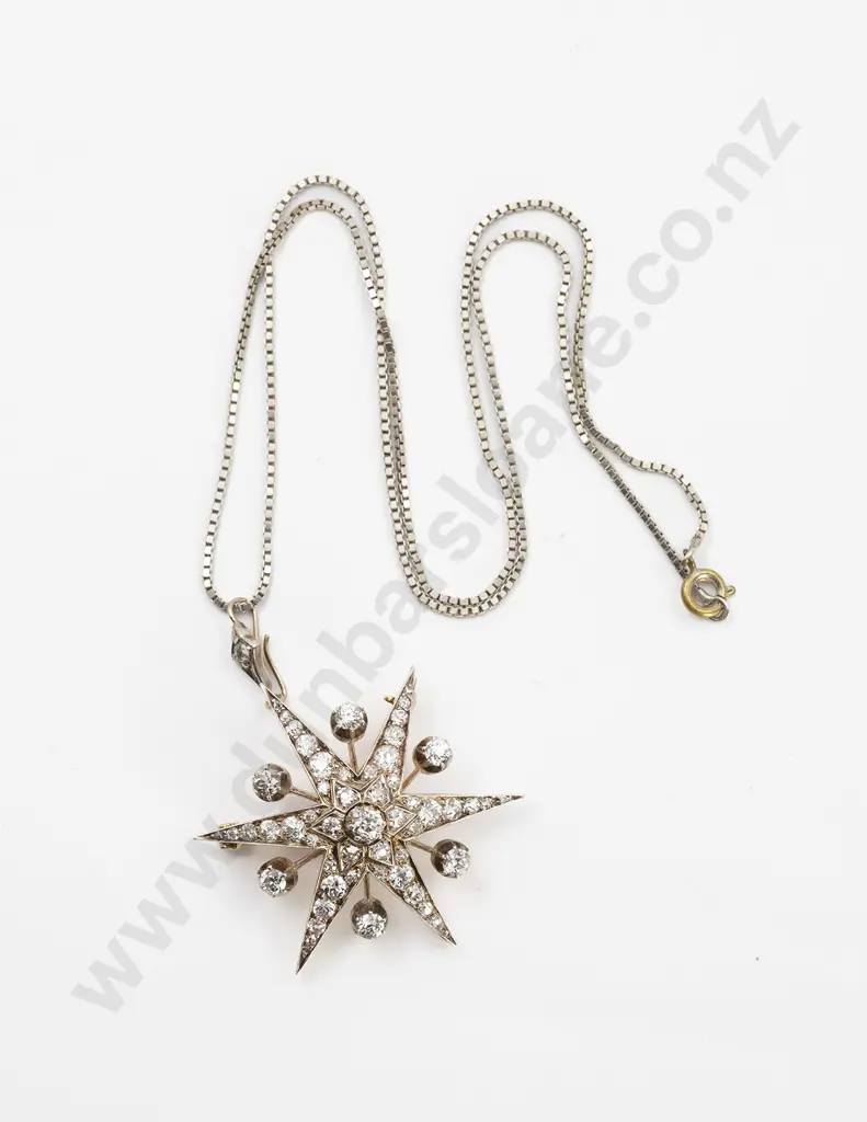 Victorian Silver on 15ct Diamond Star Burst Brooch/Pendant Image 1++