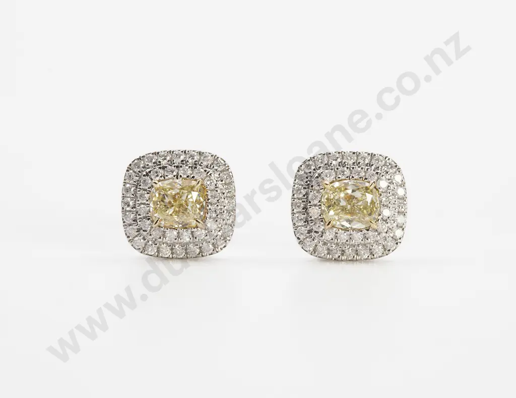 Pair 14ct White Gold Fancy Yellow Diamond Double Halo Stud Earrings Image 1++