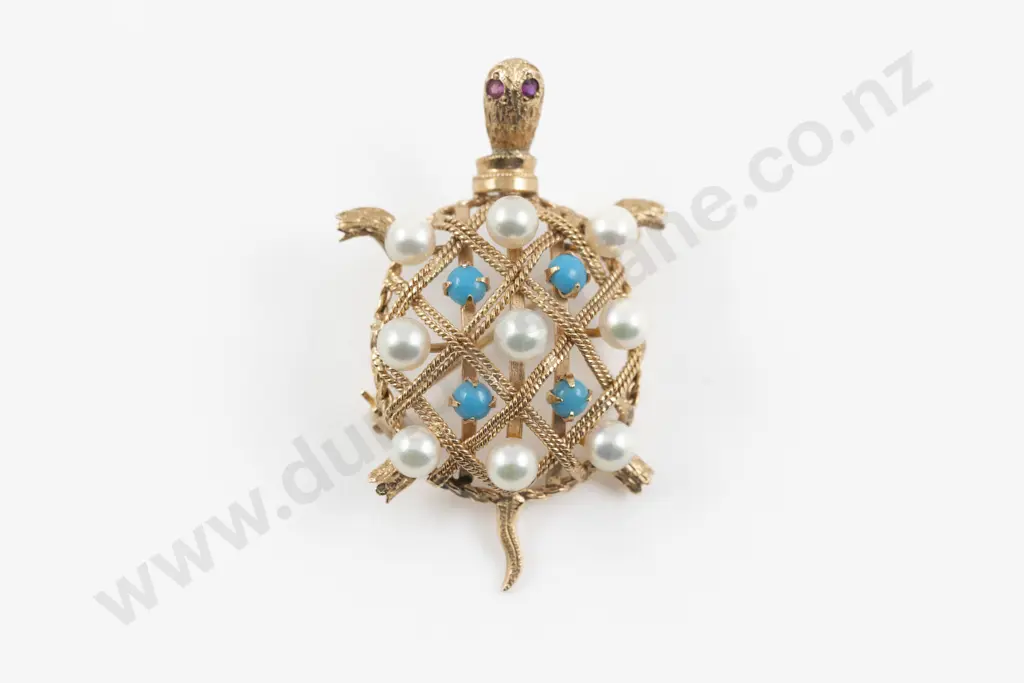 14ct Cultured Pearl and Turquoise Turtle Brooch Image 1++