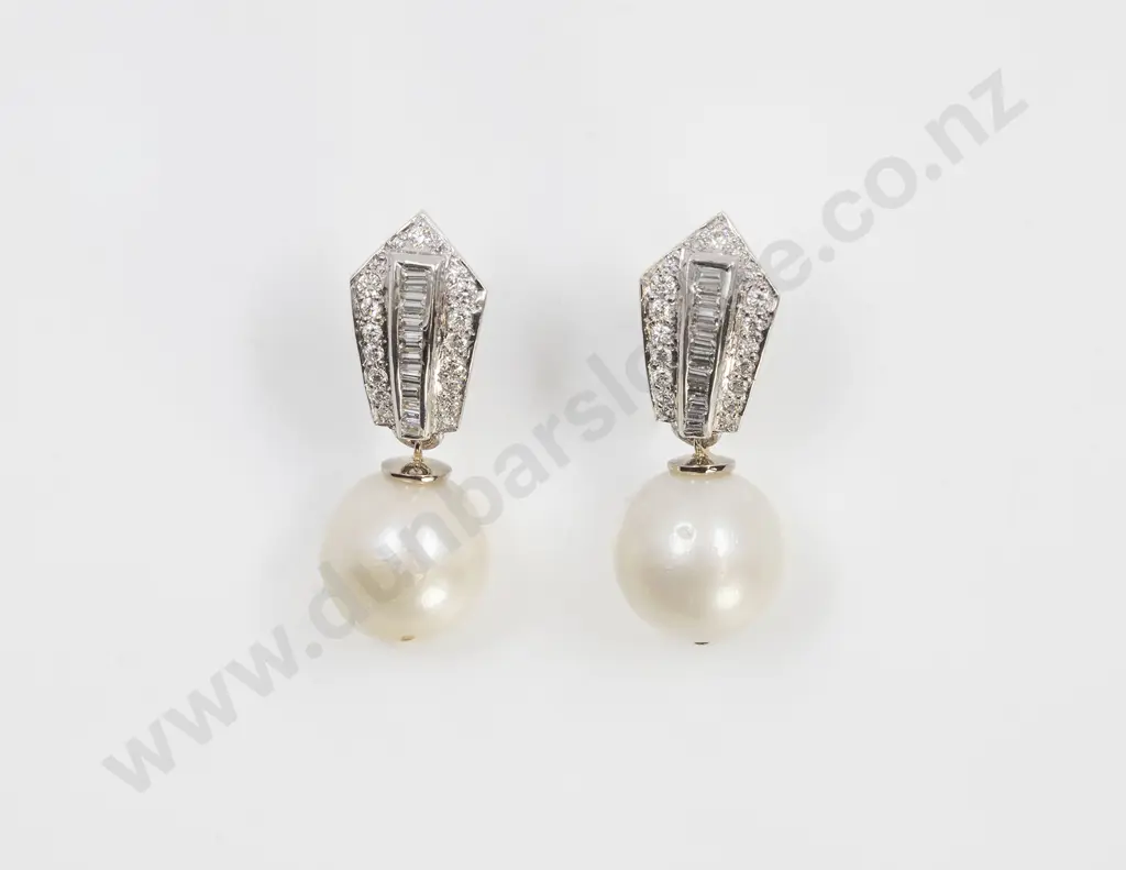 Pair 18ct White Gold Diamond and Pearl Pendant Earrings Image 1++