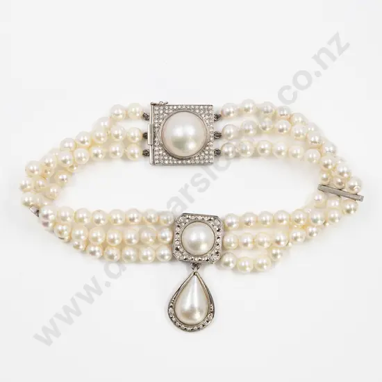 18ct White Gold Cultured Pearl and Diamond Choker Necklace