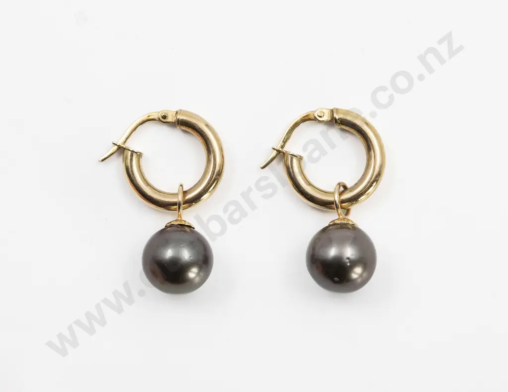 Pair 9ct Plain Hoop Earrings with Black South Sea Pearl Pendants Image 1++