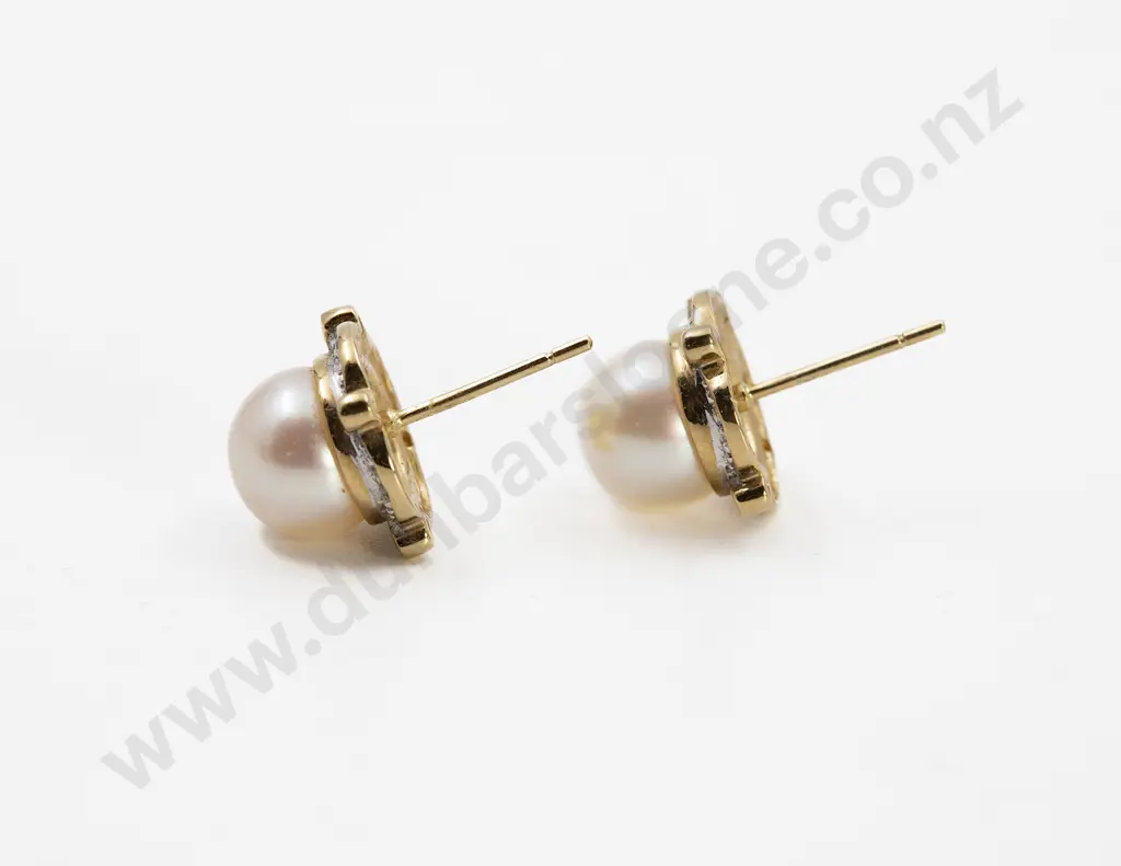 Pair Cultured Pearl and Diamond Stud Earrings Image 1++