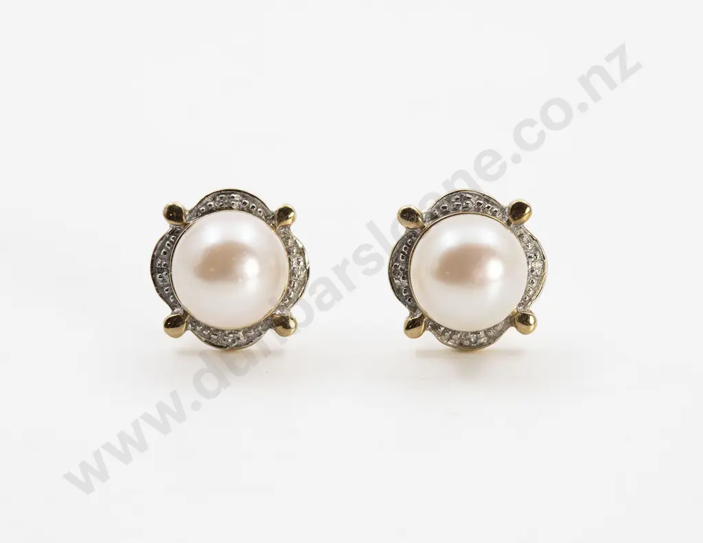 Pair Cultured Pearl and Diamond Stud Earrings Image 1++