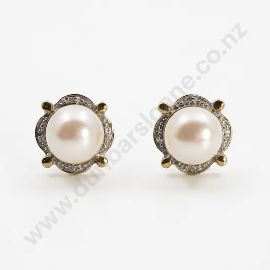 Pair Cultured Pearl and Diamond Stud Earrings