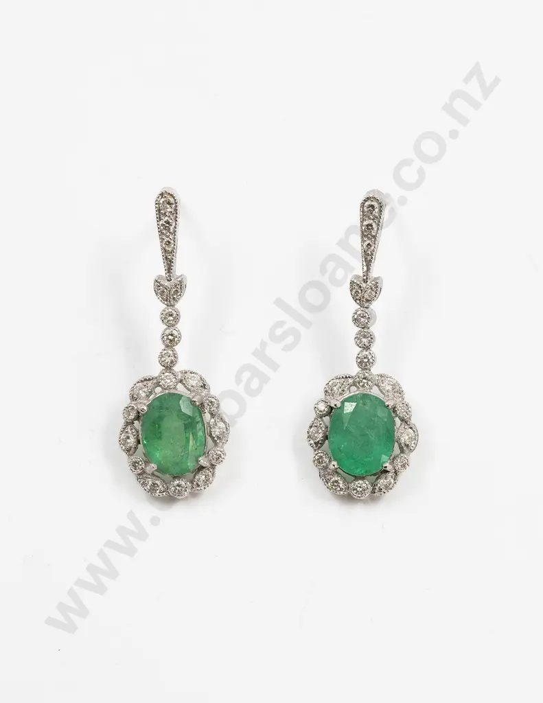 Pair 18ct White Gold Emerald and Diamond Cluster Pendant Earrings Image 1++