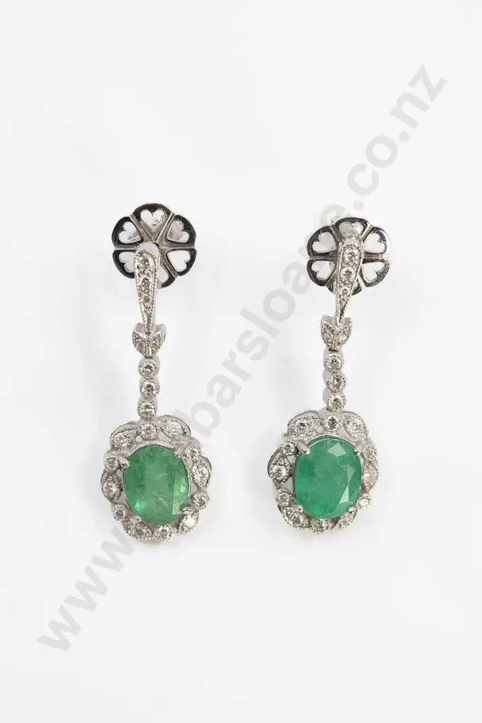 Pair 18ct White Gold Emerald and Diamond Cluster Pendant Earrings Image 1++