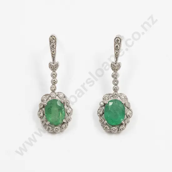 Pair 18ct White Gold Emerald and Diamond Cluster Pendant Earrings
