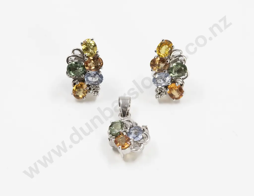 18ct White Gold Coloured Sapphire and Diamond Pendant with Matching Earrings Image 1++