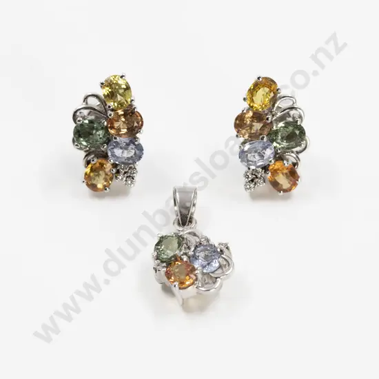 18ct White Gold Coloured Sapphire and Diamond Pendant with Matching Earrings