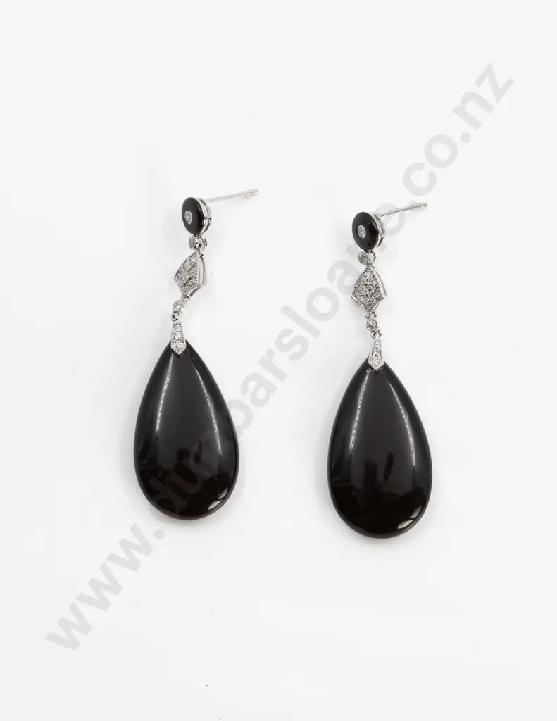 14ct White Gold Onyx and Diamond Drop Earrings Image 1++