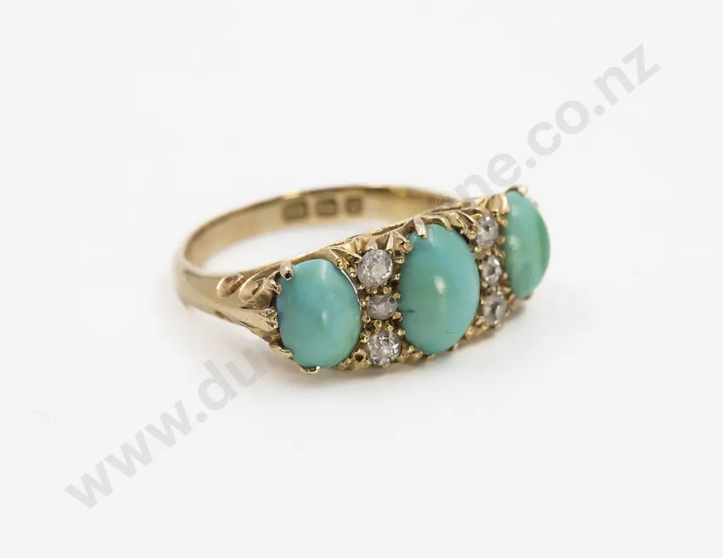 Victorian 18ct Three Stone Turquoise Bridge Ring Image 1++