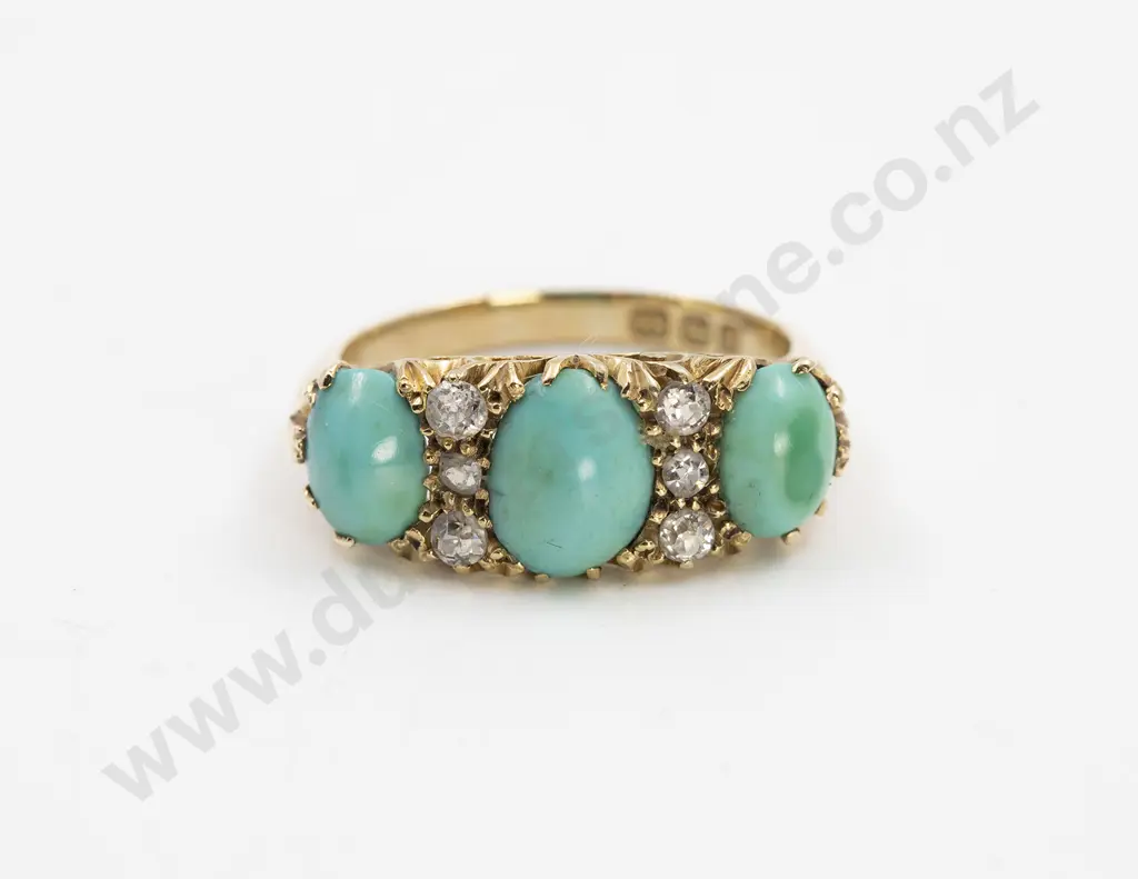 Victorian 18ct Three Stone Turquoise Bridge Ring Image 1++