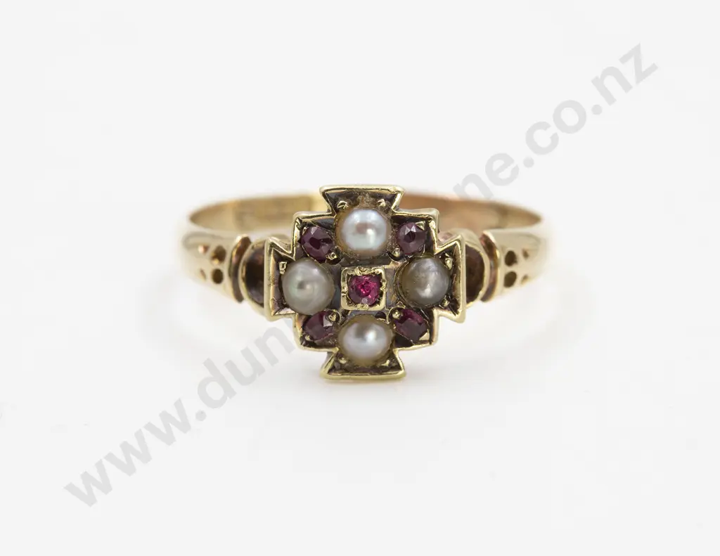 Victorian 15ct Ruby and Pearl Cluster Ring Image 1++