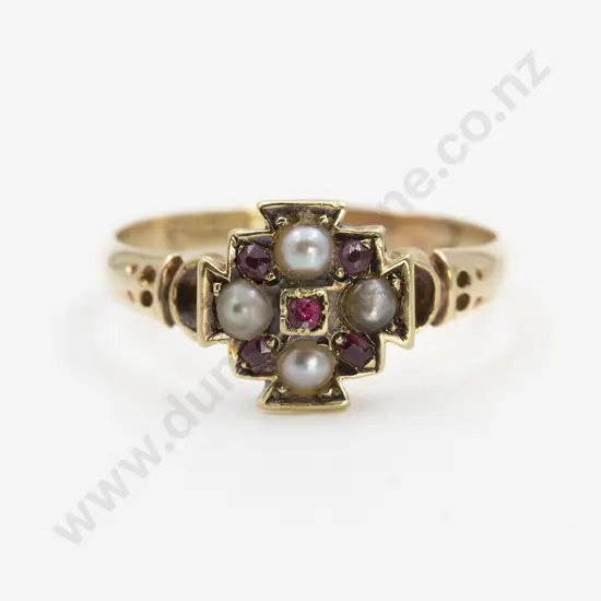 Victorian 15ct Ruby and Pearl Cluster Ring