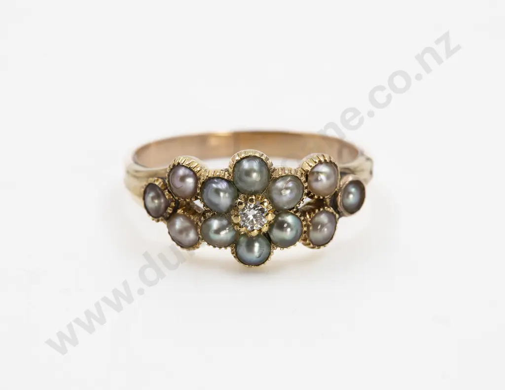 Victorian 11stone Pearl and Diamond Floret Cluster Band Ring Image 1++