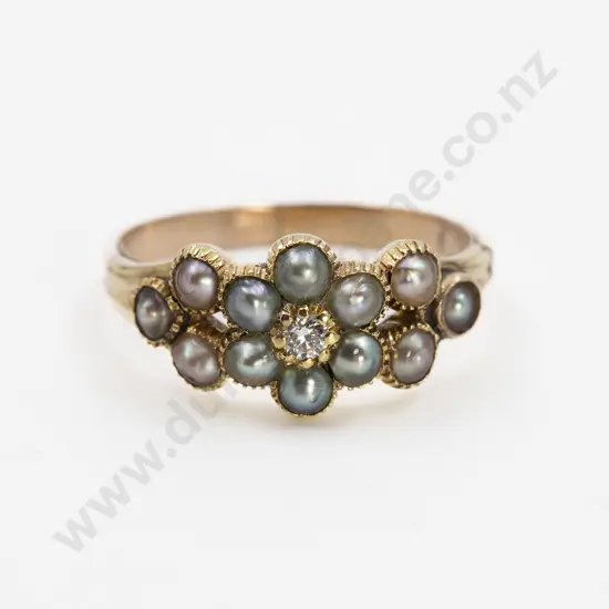 Victorian 11stone Pearl and Diamond Floret Cluster Band Ring