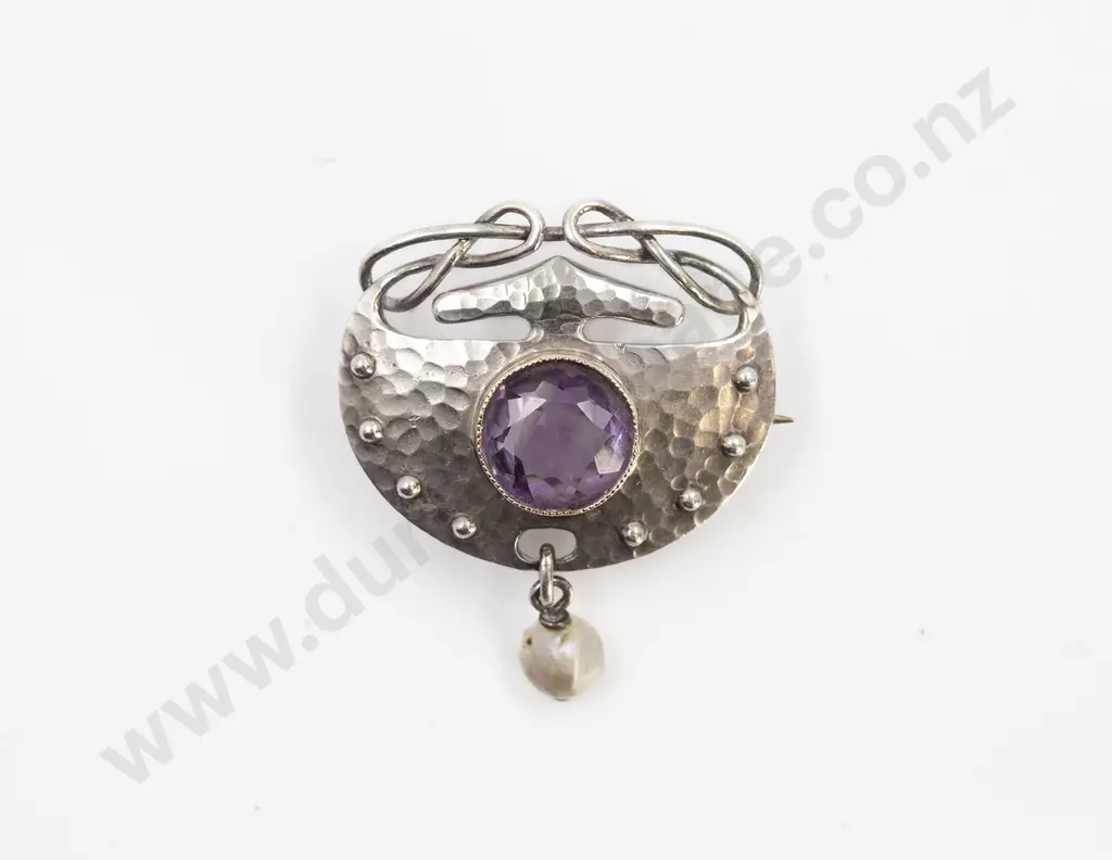 .950 Silver Art Nouveau Amethyst and Pearl Brooch Image 1++