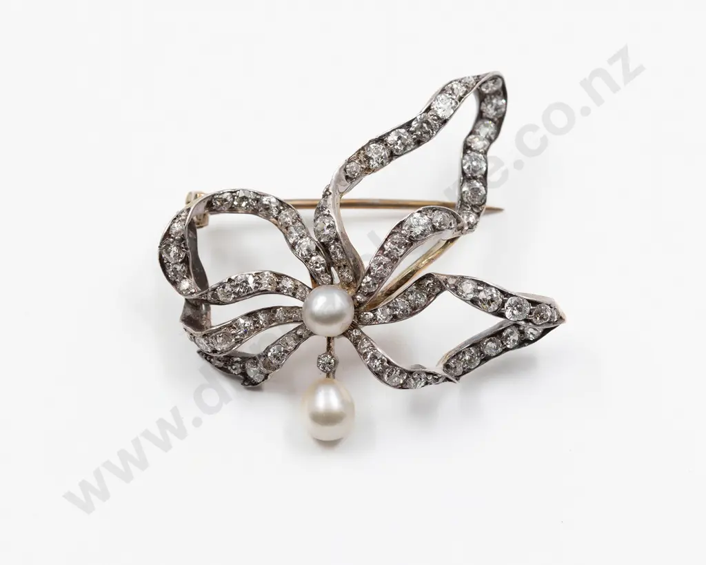 Edwardian 9ct and Silver Diamond and Pearl Ribbon Bow Brooch Image 1++