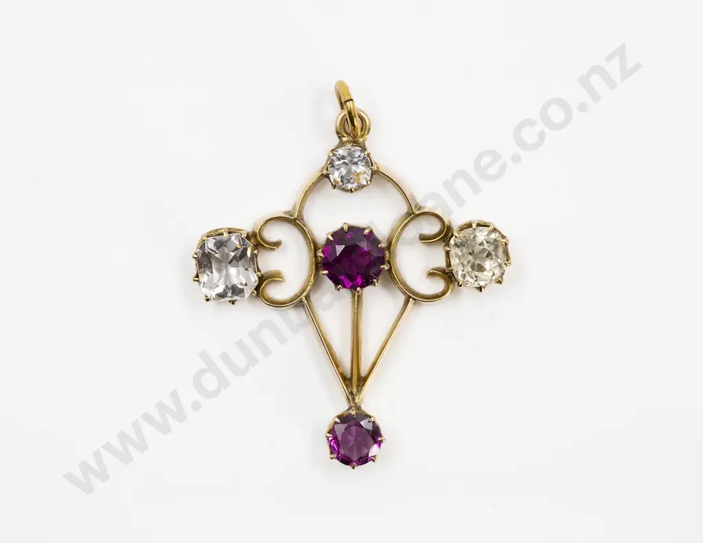 Edwardian 9ct Five Stone Amethyst and Rock Crystal Pendant Image 1++