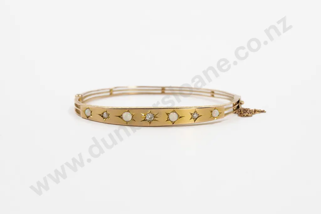 Victorian Seven Stone Fiery Opal and Diamond Hinged Snap Bangle Image 1++