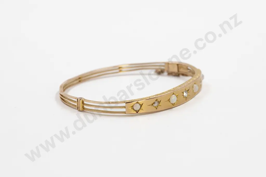Victorian Seven Stone Fiery Opal and Diamond Hinged Snap Bangle Image 1++