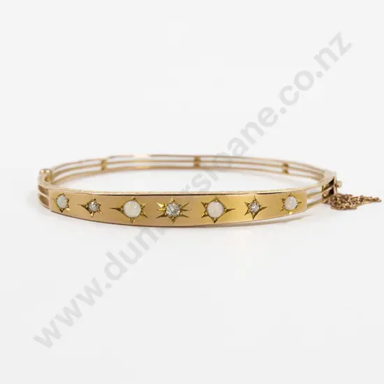 Victorian Seven Stone Fiery Opal and Diamond Hinged Snap Bangle