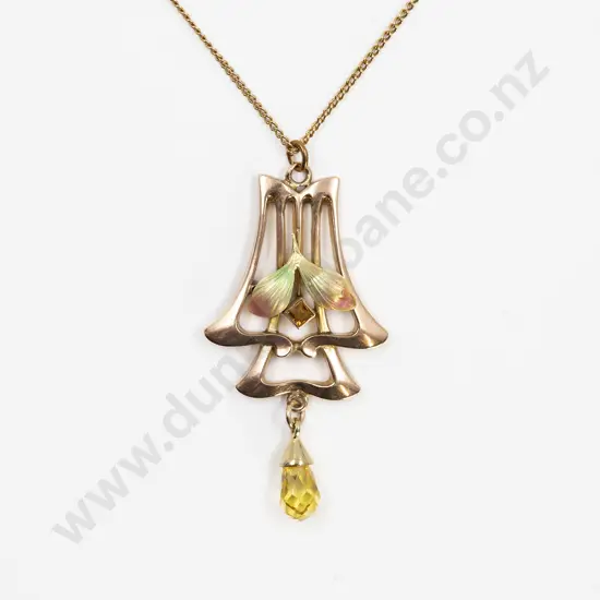 9ct Art Nouveau Enamel and Citrine Pendant