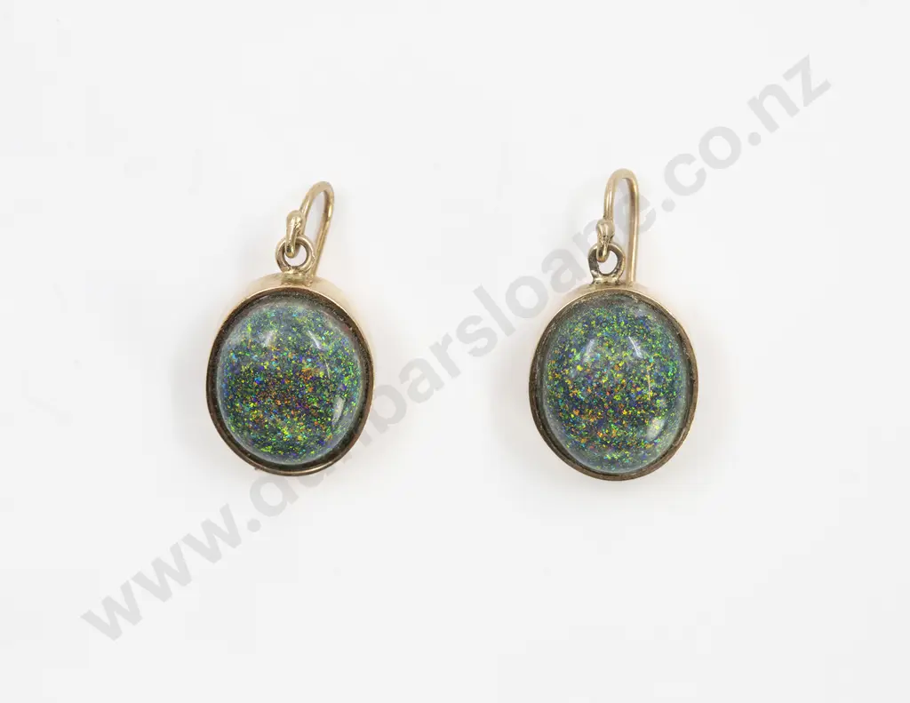 Pair 14ct Encased Black Opal Triplet Pendant Earrings Image 1++