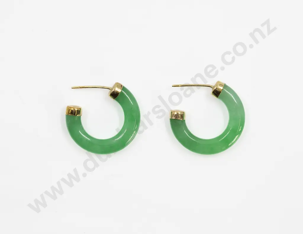 Pair 14ct Mounted Apple Green Jade Plain Hoop Earrings Image 1++