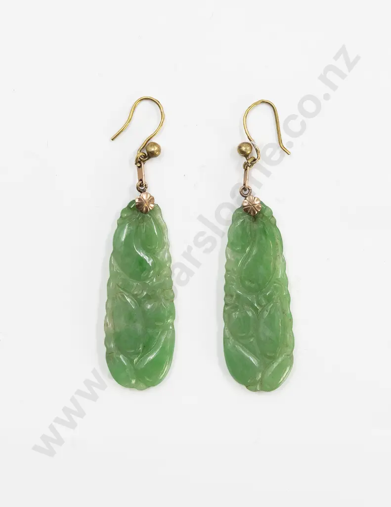 Pair Art Deco Chinese Carved Apple Green Jade Pendant Earrings Image 1++
