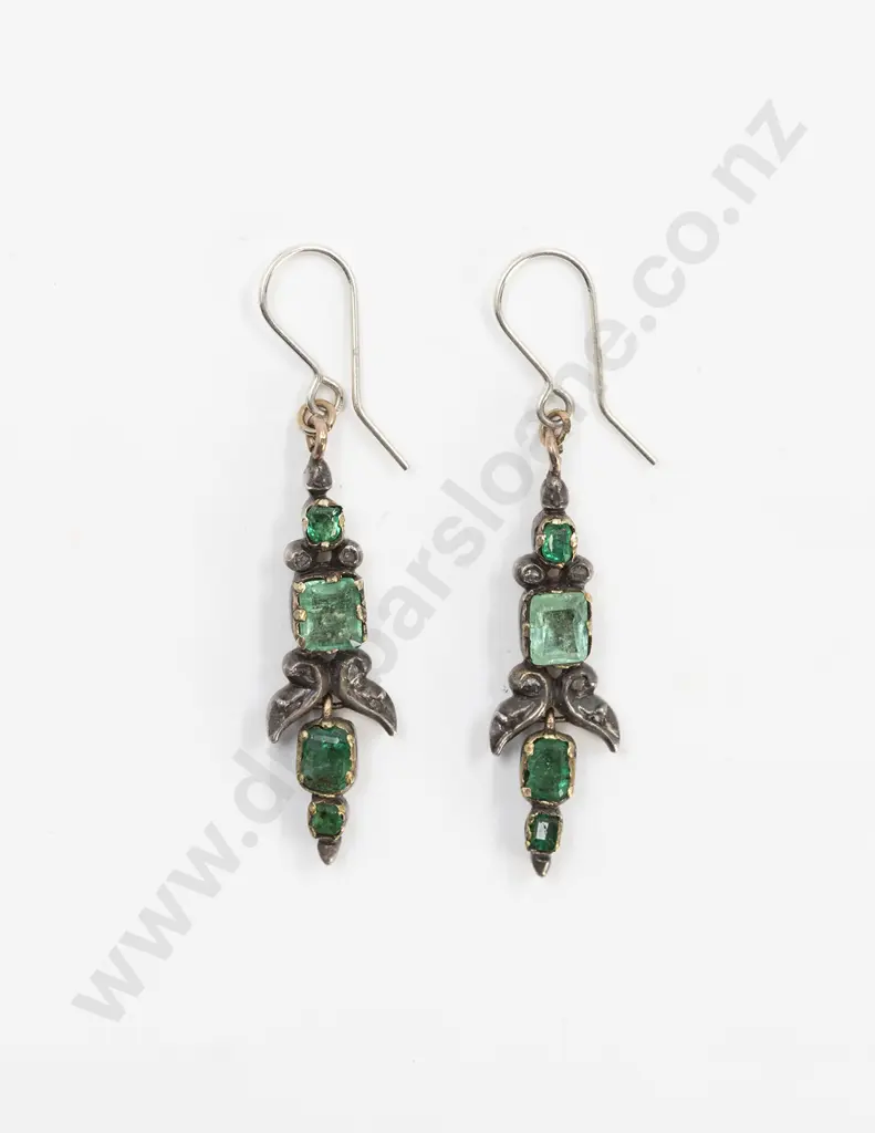Pair C19th European Gold and Silver Emerald Pendant Earrings Image 1++