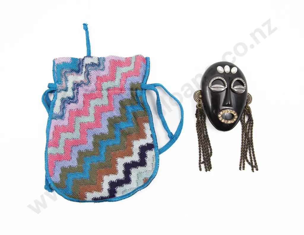 Missoni Italy 1991 Black Resin Tribal Mask Pin Brooch Image 1++