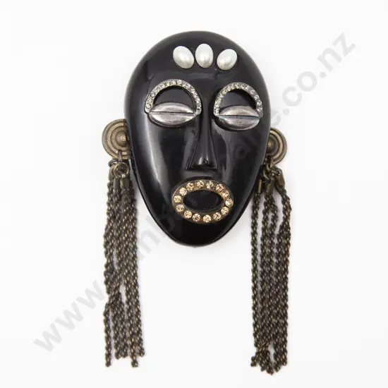 Missoni Italy 1991 Black Resin Tribal Mask Pin Brooch