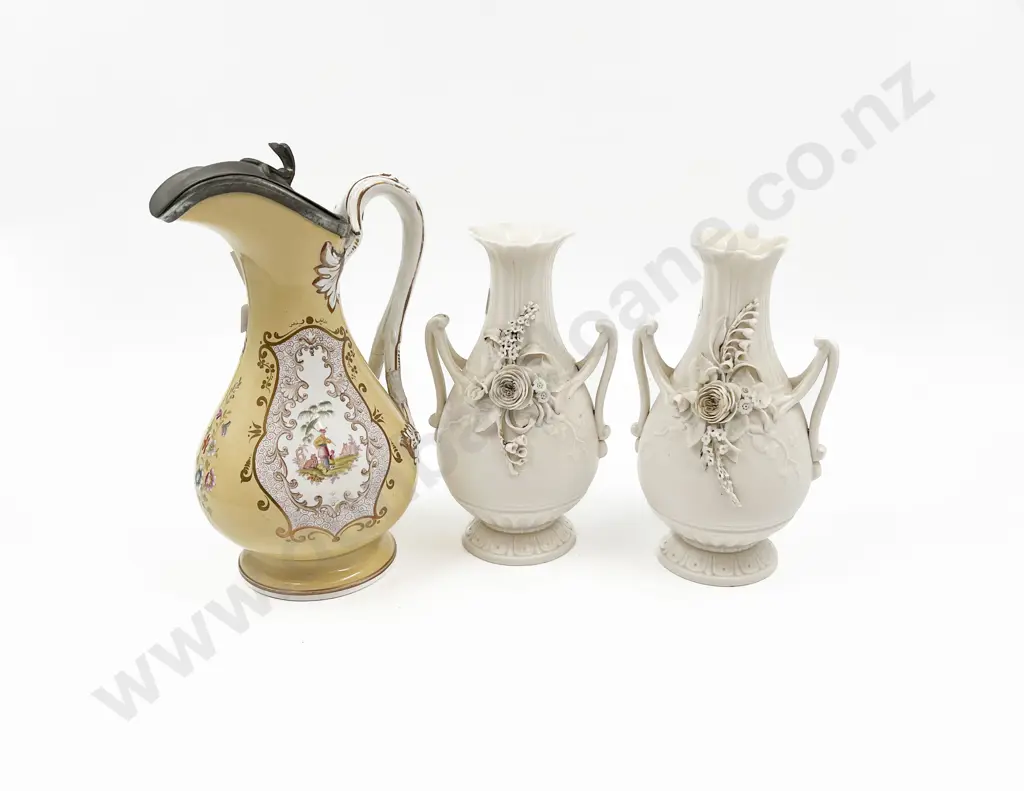 Lidded Hot Water Jug and Pair Bisque Vases Image 1++