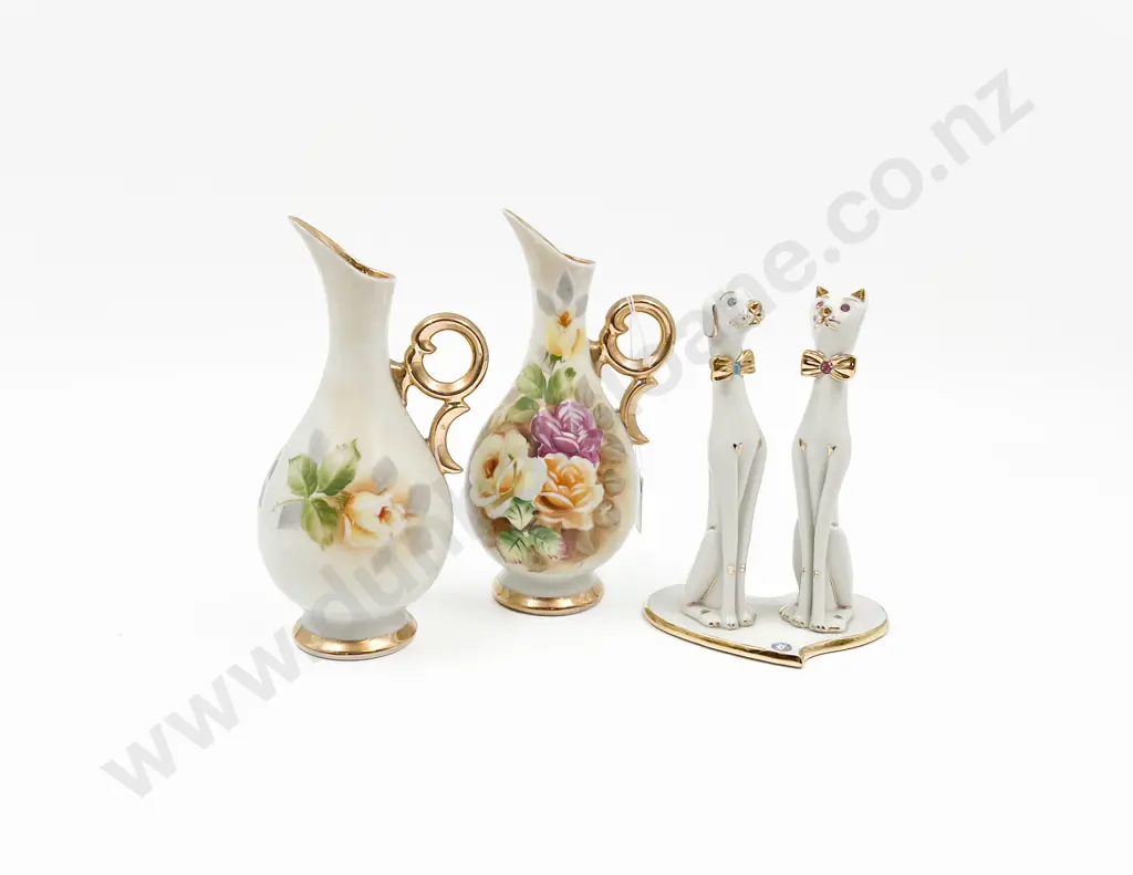 Limoges Cat & Dog Figure & Pair Hand Painted Jugs Image 1++