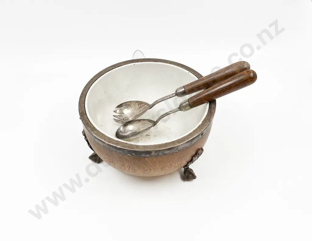 Ceramic LIned Oak Bowl and Salad Servers Image 1++
