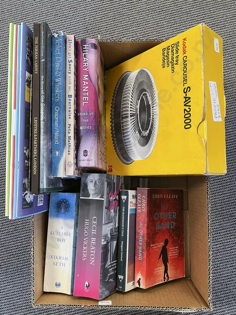 Box of Assorted Books with Projector Slides Image 1++