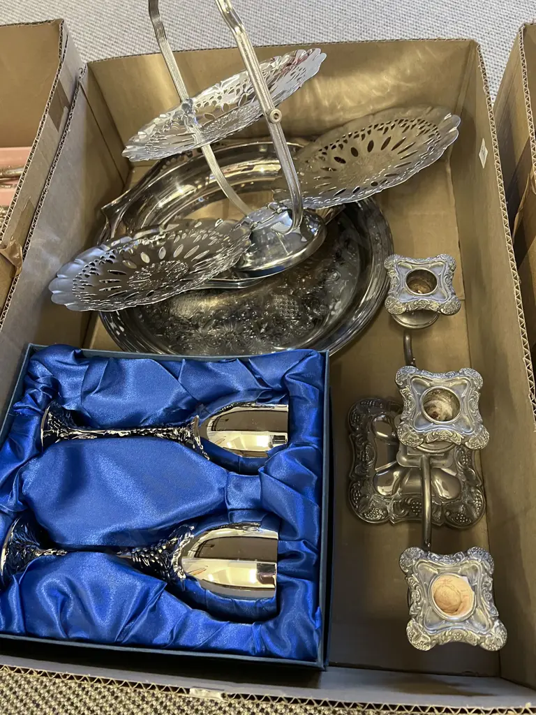 Box of Assorted S/P incl Candelabra and Boxed Goblets Image 1++