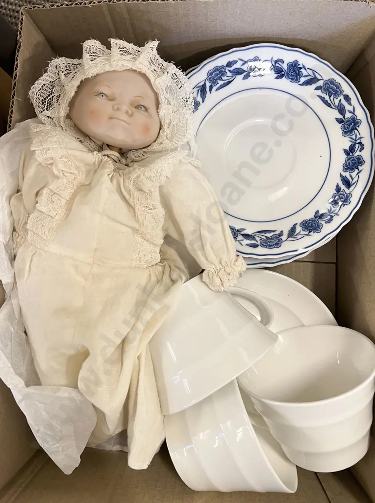 Small Box of Assorted China & Musical Doll Image 1++