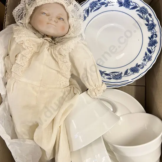 Small Box of Assorted China & Musical Doll