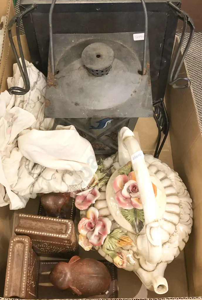 Box of Assorted incl Bookends Footstool Novelty Teapot etc Image 1++