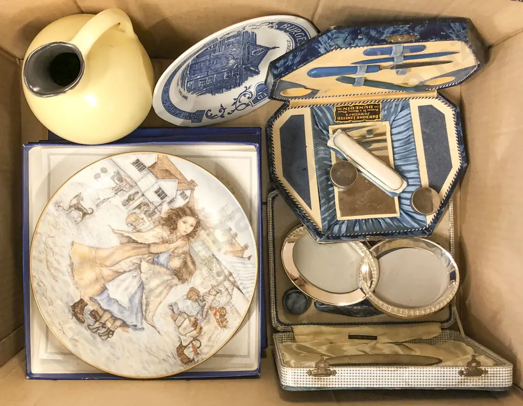 Box of Assorted incl Commemorative Plates Pair of Manicures sets etc Image 1++