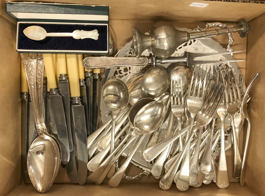 Box of Assorted S/P Cutlery incl Bone Handled Knives Image 1++
