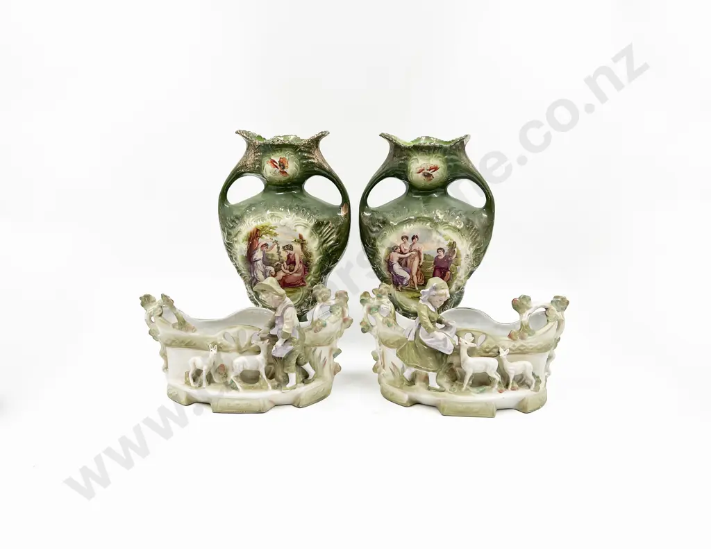 Pair Late Victorian Figured Flower Troughs and Pair Mantle Urns (faults) Image 1++