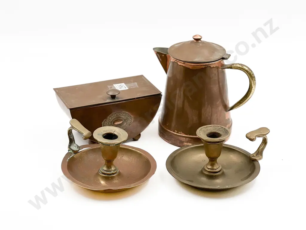 Two Copper and Brass Candleholders With Brass Water Jug and other Image 1++